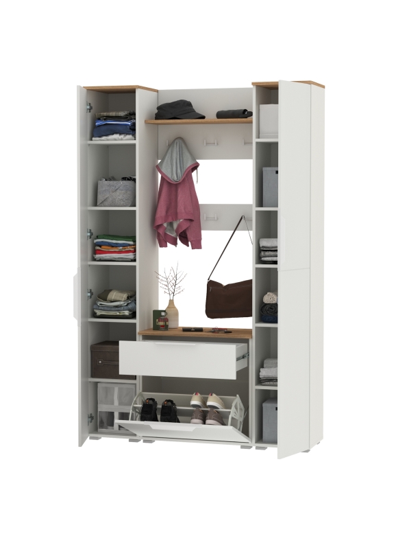 Октава Прихожая 20, цвет белый шагрень/дуб крафт золотой/фасады МДФ белый шагрень, ШхГхВ 129,3х35,4х197,6 см., универсальная сборка