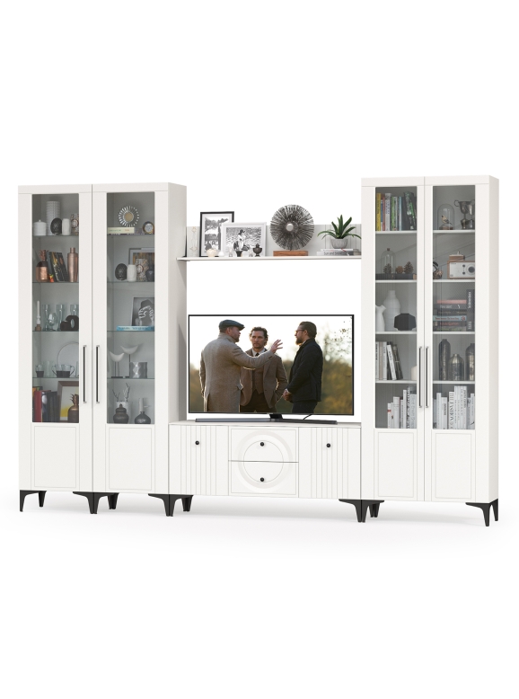 Валенсия Гостиная № 066, цвет ЛДСП белый шагрень/МДФ белый шагрень, ШхГхВ 327,2х38,3х225,2 см., ниша для ТВ 133х38х117 см., универсальная сборка