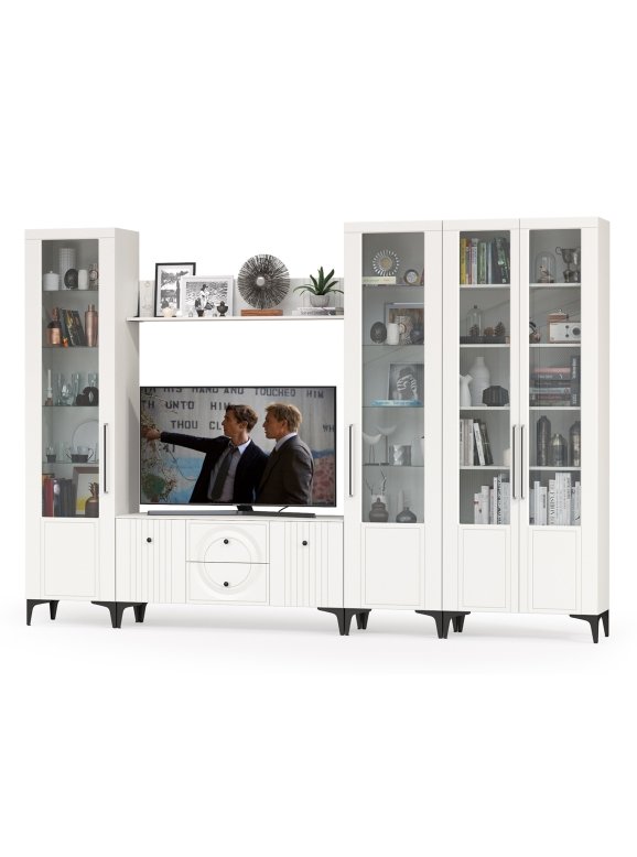 Валенсия Гостиная № 068, цвет ЛДСП белый шагрень/МДФ белый шагрень, ШхГхВ 327,2х38,3х225,2 см., ниша для ТВ 133х38х117 см., универсальная сборка