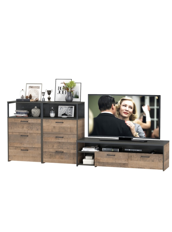Трувор 13.70 Тумба под ТВ + 13.307.02 Комод + 13.307.02 Комод, цвет дуб гранж песочный/интра, ШхГхВ 281,8х45,4х106,9 см., универсальная сборка
