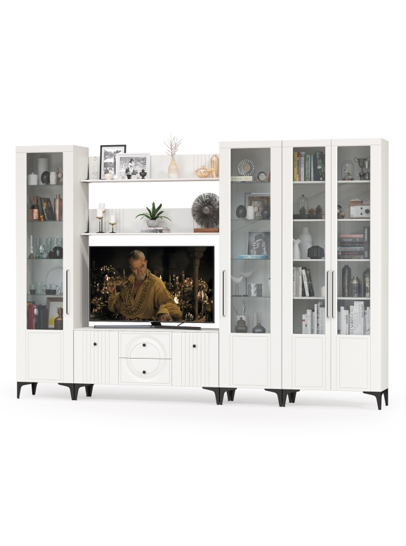 Валенсия Гостиная № 071, цвет ЛДСП белый шагрень/МДФ белый шагрень, ШхГхВ 327,2х38,3х225,2 см., ниша для ТВ 133х38х117 см., универсальная сборка