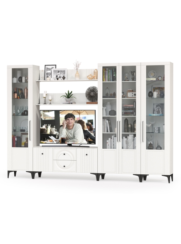 Валенсия Гостиная № 070, цвет ЛДСП белый шагрень/МДФ белый шагрень, ШхГхВ 327,2х38,3х225,2 см., ниша для ТВ 133х38х117 см., универсальная сборка