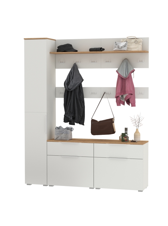 Октава Прихожая 34, цвет белый шагрень/дуб крафт золотой/фасады МДФ белый шагрень, ШхГхВ 162х35,4х197,6 см., универсальная сборка