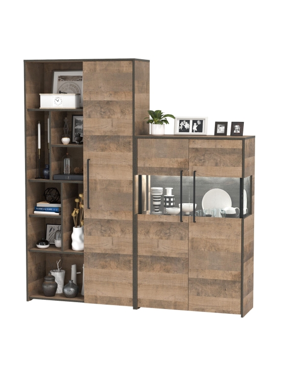 Трувор 13.206 Шкаф-стеллаж + 13.306 Комод с витриной, цвет дуб гранж песочный/интра, ШхГхВ 178,8х37х194,2 см., универсальная сборка