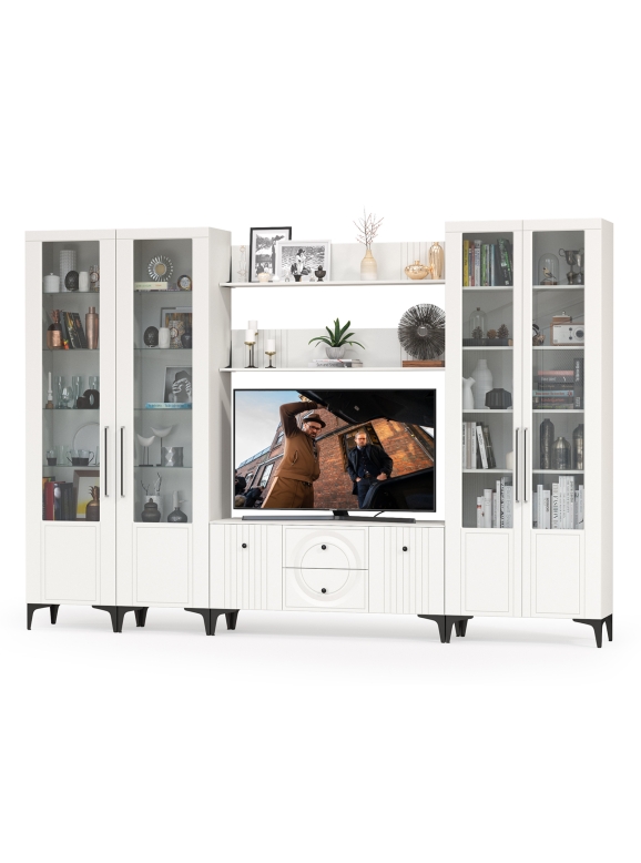 Валенсия Гостиная № 069, цвет ЛДСП белый шагрень/МДФ белый шагрень, ШхГхВ 327,2х38,3х225,2 см., ниша для ТВ 133х38х117 см., универсальная сборка