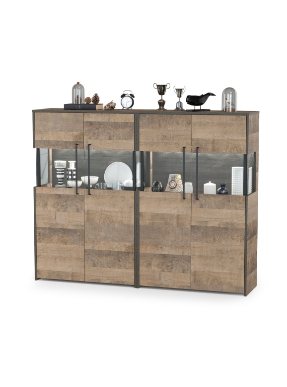 Трувор 13.306 Комод с витриной + 13.306 Комод с витриной, цвет дуб гранж песочный/интра, ШхГхВ 171,6х37х135,3 см., есть светодиодная подсветка