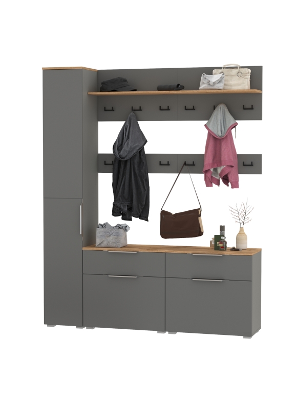 Октава Прихожая 34, цвет серый графит/дуб крафт золотой/фасады МДФ серый графит, ШхГхВ 162х35,4х197,6 см., универсальная сборка