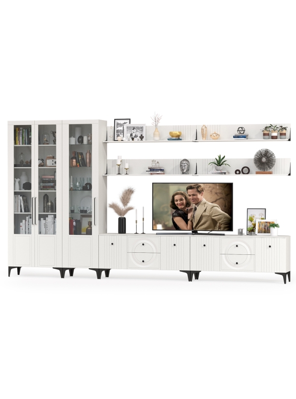 Валенсия Гостиная № 087, цвет ЛДСП белый шагрень/МДФ белый шагрень, ШхГхВ 405,3х38,3х225,2 см., универсальная сборка