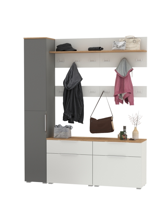 Октава Прихожая 52, цвет белый шагрень/серый графит/дуб крафт золотой/фасады МДФ белый шагрень/серый графит, ШхГхВ 162х35,4х197,6 см., ун. сборка