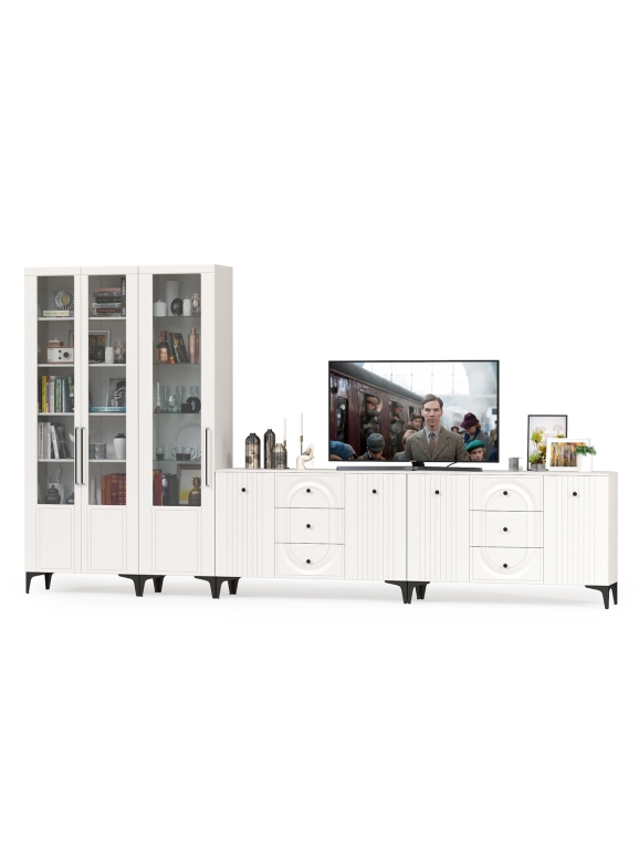 Валенсия Гостиная № 123, цвет ЛДСП белый шагрень/МДФ белый шагрень, ШхГхВ 405,4х38,4х225,2 см., универсальная сборка