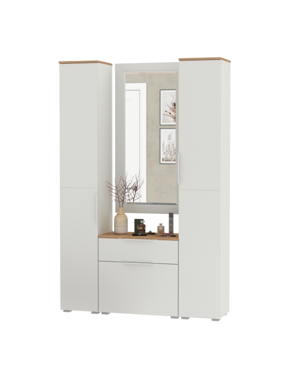 Октава Прихожая 43, цвет белый шагрень/дуб крафт золотой/фасады МДФ белый шагрень, ШхГхВ 129,3х35,4х197,6 см., универсальная сборка