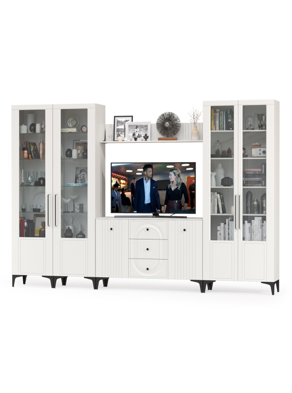 Валенсия Гостиная № 104, цвет ЛДСП белый шагрень/МДФ белый шагрень, ШхГхВ 327,3х38,4х225,2 см., ниша для ТВ 133х38х100 см., универсальная сборка