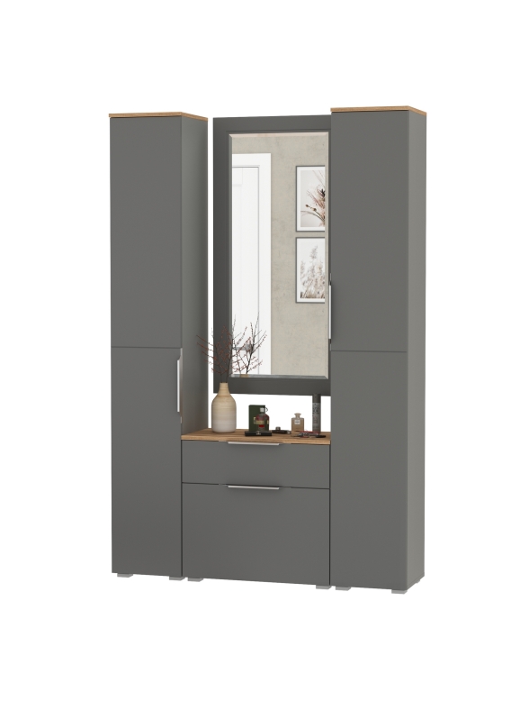 Октава Прихожая 43, цвет серый графит/дуб крафт золотой/фасады МДФ серый графит, ШхГхВ 129,3х35,4х197,6 см., универсальная сборка