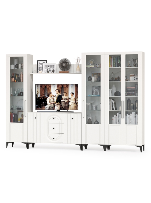 Валенсия Гостиная № 106, цвет ЛДСП белый шагрень/МДФ белый шагрень, ШхГхВ 327,3х38,4х225,2 см., ниша для ТВ 133х38х100 см., универсальная сборка