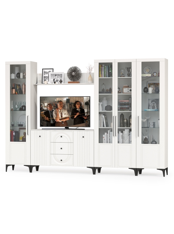 Валенсия Гостиная № 105, цвет ЛДСП белый шагрень/МДФ белый шагрень, ШхГхВ 327,3х38,4х225,2 см., ниша для ТВ 133х38х100 см., универсальная сборка