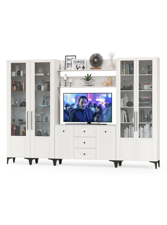 Валенсия Гостиная № 107, цвет ЛДСП белый шагрень/МДФ белый шагрень, ШхГхВ 327,3х38,4х225,2 см., ниша для ТВ 133х38х90 см., универсальная сборка