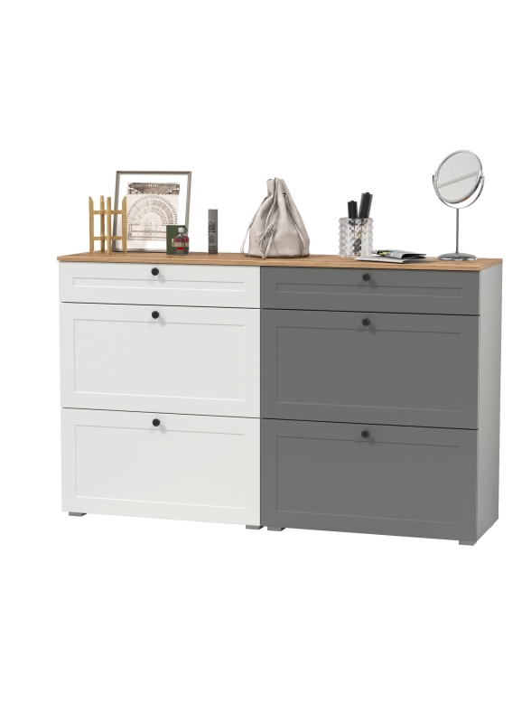 Остин 16.121 Тумба для обуви + 16.121 Тумба для обуви, цвет белый шагрень/серый графит/дуб крафт золотой, ШхГхВ 160х41,6х99,3 см., ун. сборка