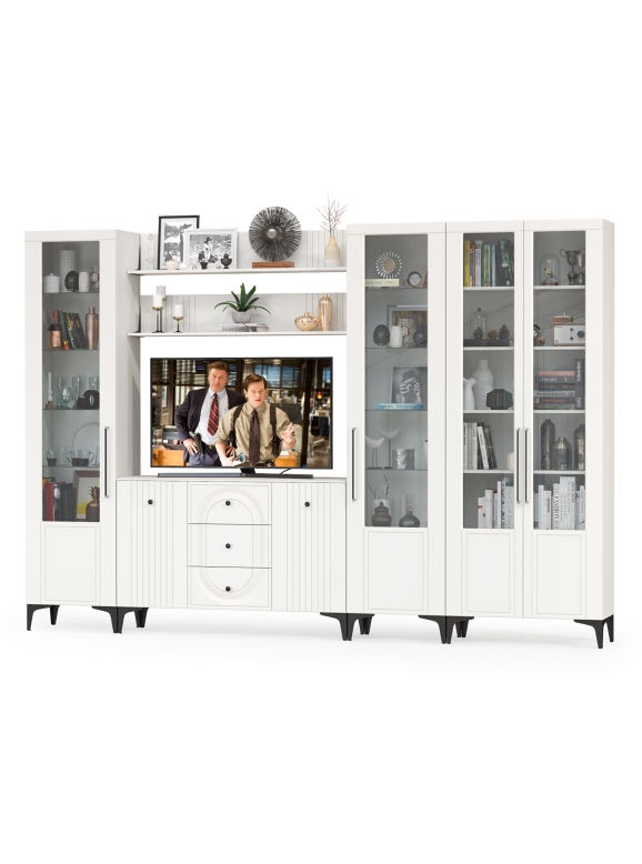 Валенсия Гостиная № 109, цвет ЛДСП белый шагрень/МДФ белый шагрень, ШхГхВ 327,3х38,4х225,2 см., ниша для ТВ 133х38х90 см., универсальная сборка