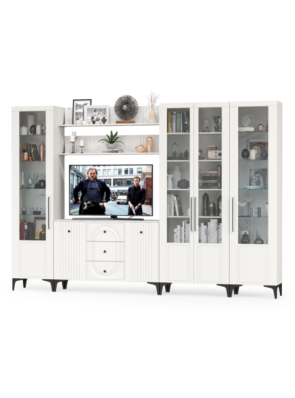 Валенсия Гостиная № 108, цвет ЛДСП белый шагрень/МДФ белый шагрень, ШхГхВ 327,3х38,4х225,2 см., ниша для ТВ 133х38х90 см., универсальная сборка