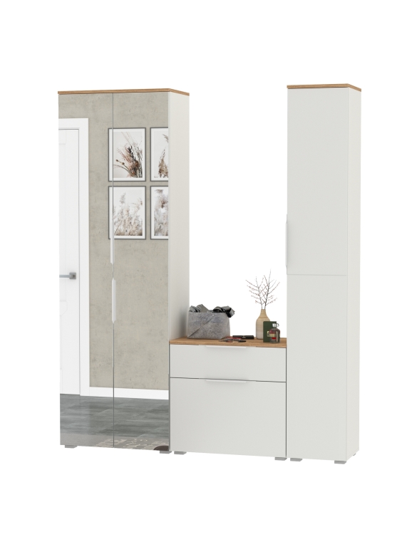 Октава Прихожая 21, цвет белый шагрень/дуб крафт золотой/фасады МДФ белый шагрень, ШхГхВ 161,5х35,4х197,6 см., универсальная сборка