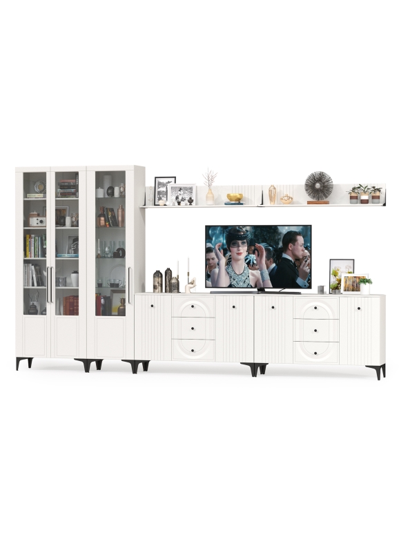 Валенсия Гостиная № 124, цвет ЛДСП белый шагрень/МДФ белый шагрень, ШхГхВ 405,4х38,4х225,2 см., универсальная сборка