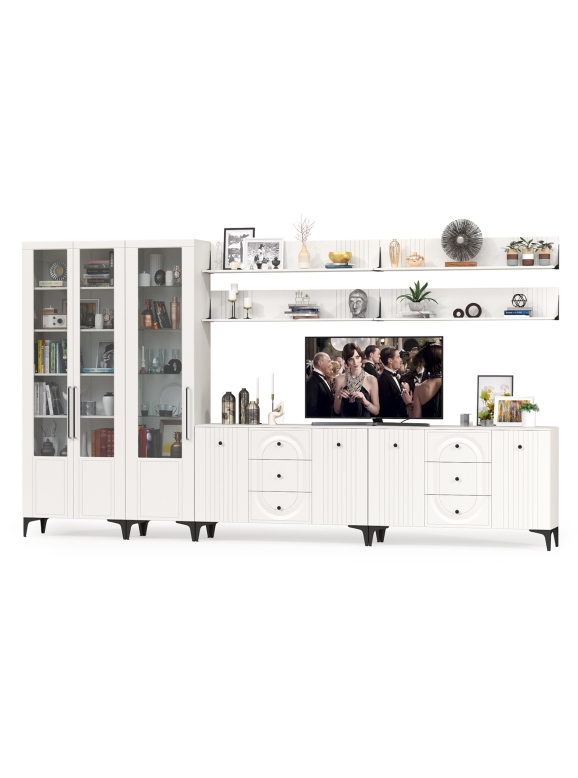 Валенсия Гостиная № 125, цвет ЛДСП белый шагрень/МДФ белый шагрень, ШхГхВ 405,4х38,4х225,2 см., универсальная сборка