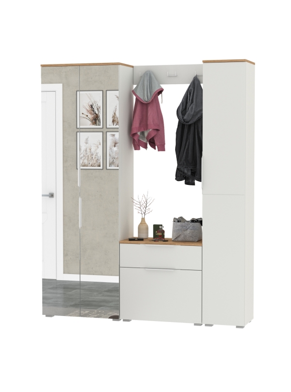 Октава Прихожая 23, цвет белый шагрень/дуб крафт золотой/фасады МДФ белый шагрень, ШхГхВ 161,5х35,4х197,6 см., универсальная сборка