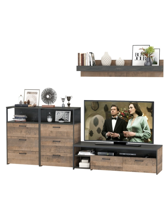 КР100 Трувор 13.70 Тумба под ТВ + 13.307.02 Комод + 13.307.02Комод + 15.60 Полка,цвет дуб гранж песочный/интра, ШхГхВ 281,8х45,4х195 см.универс