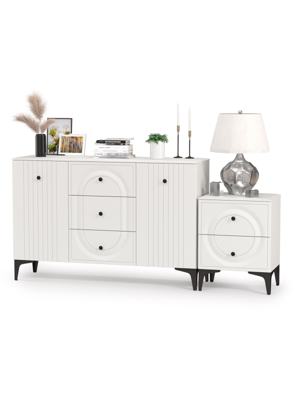 Валенсия Спальня 13.309 Комод + 13.291 Тумба прикроватная, цвет ЛДСП белый шагрень/МДФ белый шагрень, ШхГхВ 182,4х38,4х87,5 см.