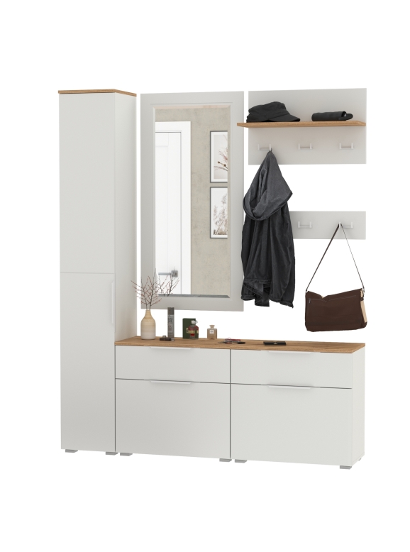 Октава Прихожая 44, цвет белый шагрень/дуб крафт золотой/фасады МДФ белый шагрень, ШхГхВ 162х35,4х197,6 см., универсальная сборка