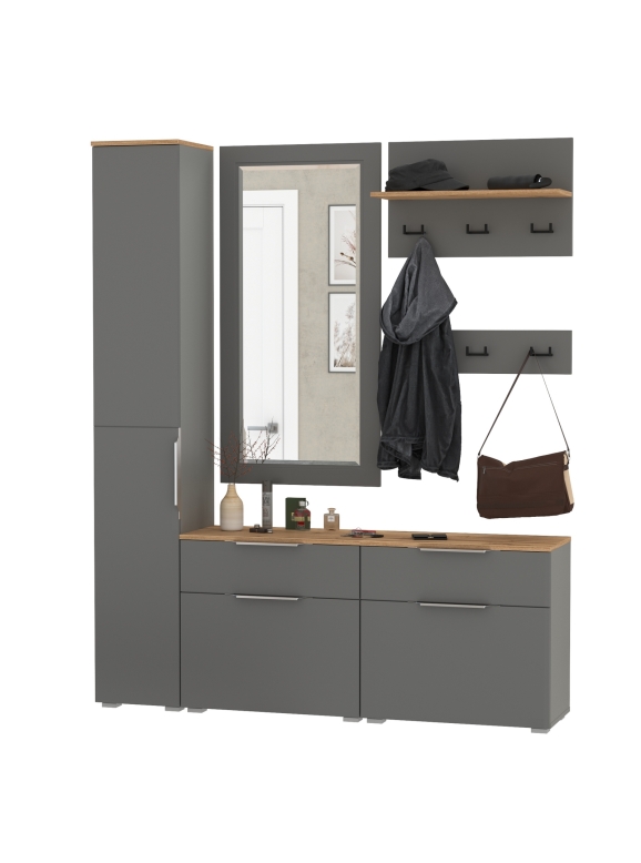 Октава Прихожая 44, цвет серый графит/дуб крафт золотой/фасады МДФ серый графит, ШхГхВ 162х35,4х197,6 см., универсальная сборка