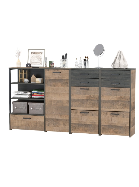 Трувор 13.241.06 Тумба для обуви + 13.307.01 Комод + 13.241.06 Тумба для обуви, цвет дуб гранж песочный/интра, ШхГхВ 209х37х106,9 см., универс. сборка