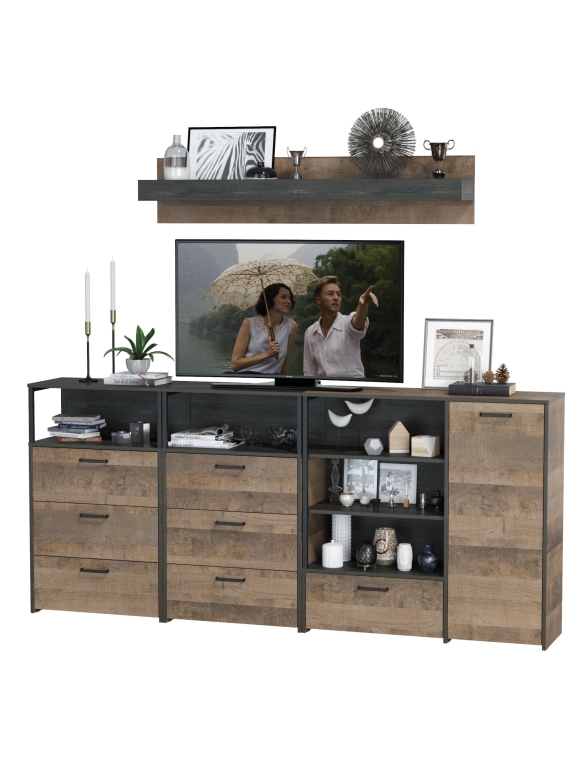 КР100 Трувор Гостиная 008, цвет дуб гранж песочный/интра, ШхГхВ 241х37х195 см., универсальная сборка