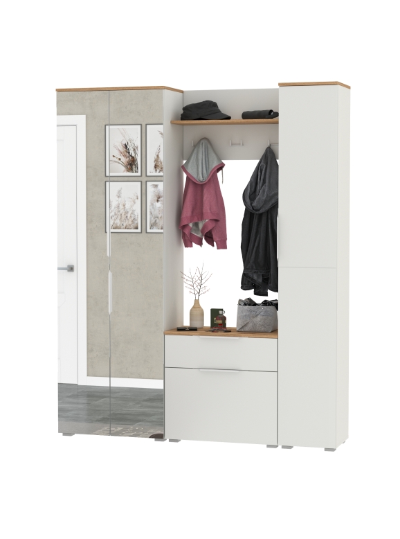 Октава Прихожая 22, цвет белый шагрень/дуб крафт золотой/фасады МДФ белый шагрень, ШхГхВ 161,5х35,4х197,6 см., универсальная сборка