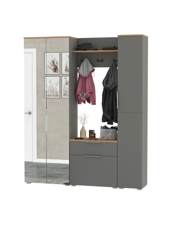 Октава Прихожая 22, цвет серый графит/дуб крафт золотой/фасады МДФ серый графит, ШхГхВ 161,5х35,4х197,6 см., универсальная сборка