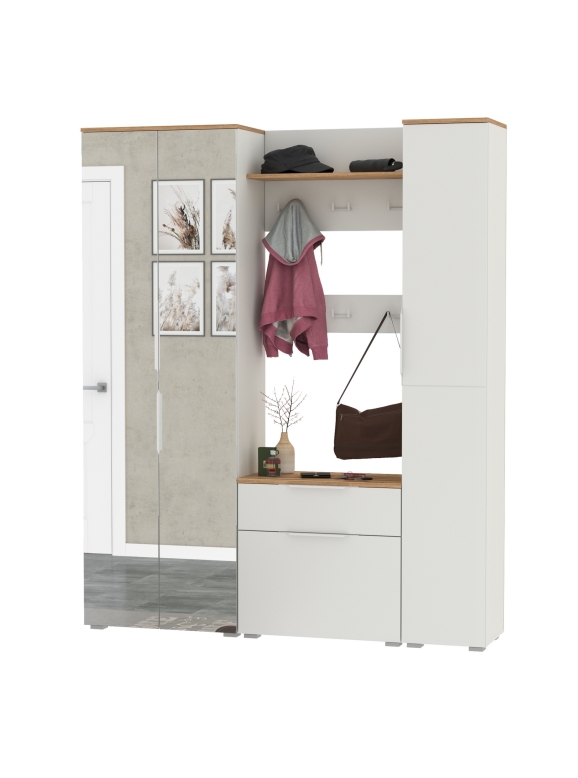 Октава Прихожая 15-123Н, цвет белый шагрень/дуб крафт золотой/фасады МДФ белый шагрень, ШхГхВ 161,5х35,4х197,6 см., универсальная сборка