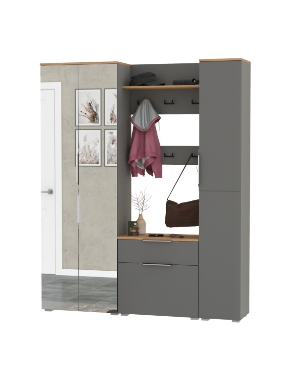 Октава Прихожая 15-123Н, цвет серый графит/дуб крафт золотой/фасады МДФ серый графит, ШхГхВ 161,5х35,4х197,6 см., универсальная сборка