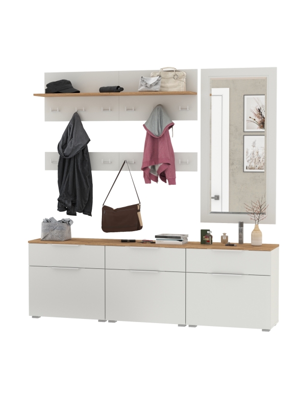 Октава Прихожая 41, цвет белый шагрень/дуб крафт золотой/фасады МДФ белый шагрень, ШхГхВ 194,7х35,4х197 см., универсальная сборка