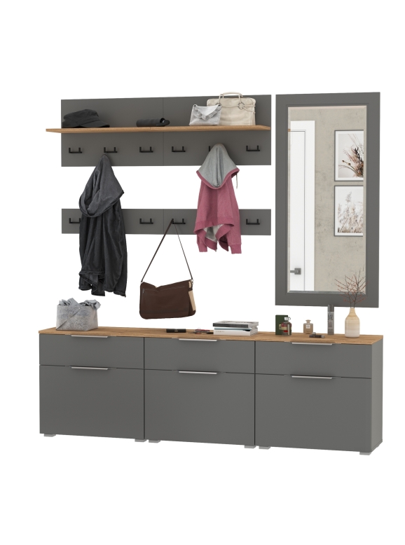 Октава Прихожая 41, цвет серый графит/дуб крафт золотой/фасады МДФ серый графит, ШхГхВ 194,7х35,4х197 см., универсальная сборка