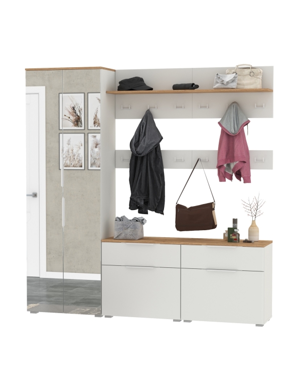 Октава Прихожая 32, цвет белый шагрень/дуб крафт золотой/фасады МДФ белый шагрень, ШхГхВ 194,2х35,4х197,6 см., универсальная сборка