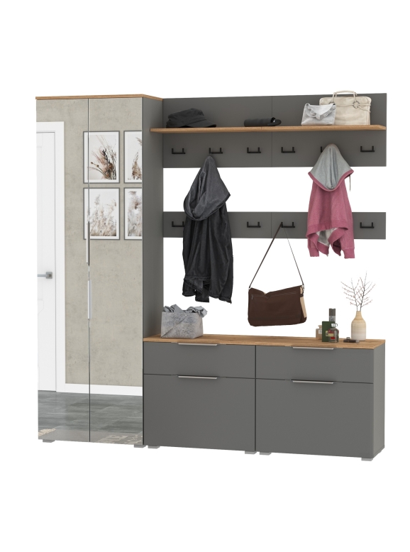 Октава Прихожая 32, цвет серый графит/дуб крафт золотой/фасады МДФ серый графит, ШхГхВ 194,2х35,4х197,6 см., универсальная сборка