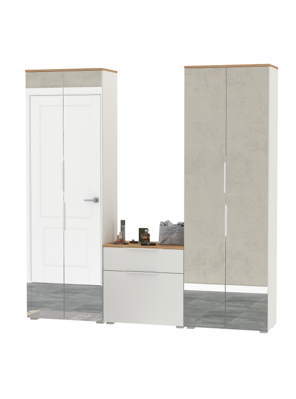 Октава Прихожая 24, цвет белый шагрень/дуб крафт золотой/фасады МДФ белый шагрень, ШхГхВ 193,7х35,4х197,6 см., универсальная сборка