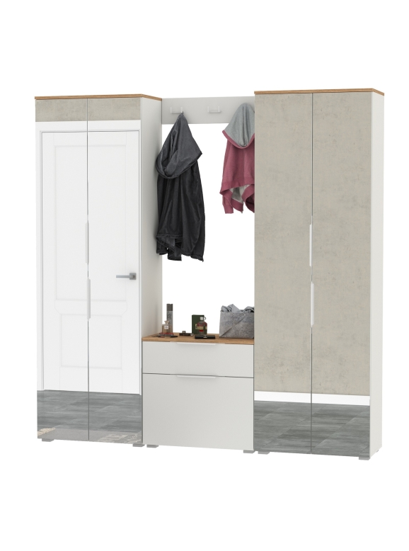 Октава Прихожая 26, цвет белый шагрень/дуб крафт золотой/фасады МДФ белый шагрень, ШхГхВ 193,7х35,4х197,6 см., универсальная сборка