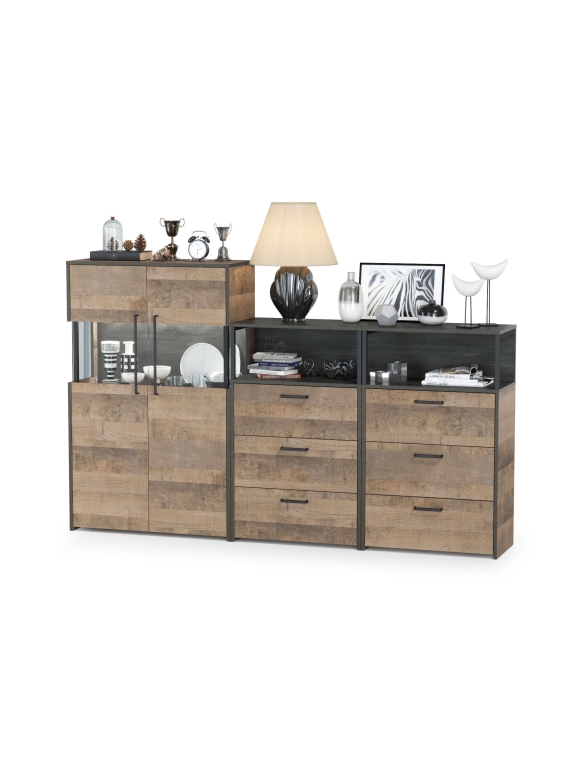 Трувор 13.306 Комод с витриной + 13.307.02 Комод с ящиками + 13.307.02 Комод с ящ., цвет дуб гранж песочный/интра, ШхГхВ 217,8х37х135,3 см., ун. сб.