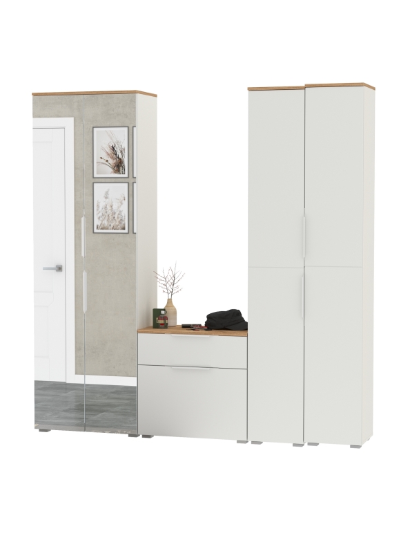 Октава Прихожая 28, цвет белый шагрень/дуб крафт золотой/фасады МДФ белый шагрень, ШхГхВ 193,7х35,4х197,6 см., универсальная сборка