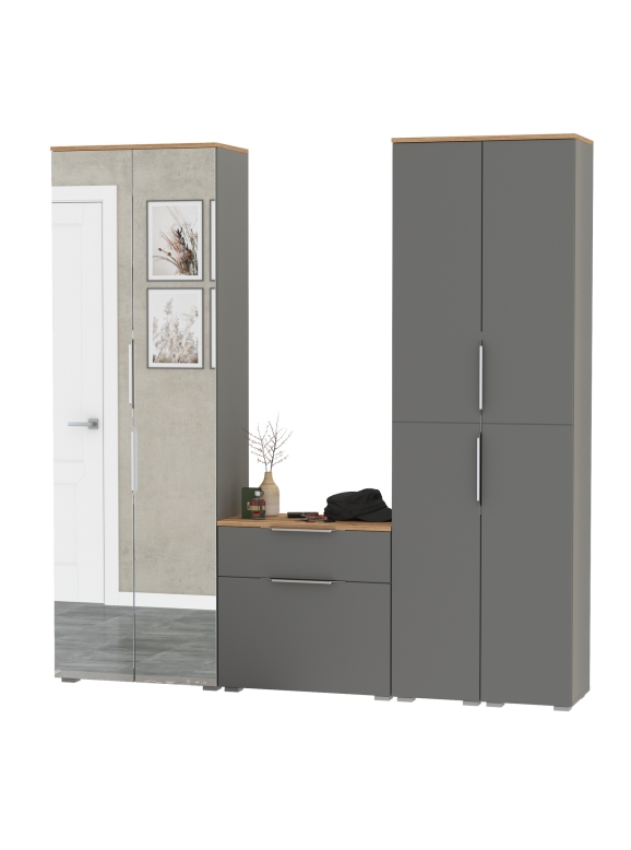 Октава Прихожая 28, цвет серый графит/дуб крафт золотой/фасады МДФ серый графит, ШхГхВ 193,7х35,4х197,6 см., универсальная сборка