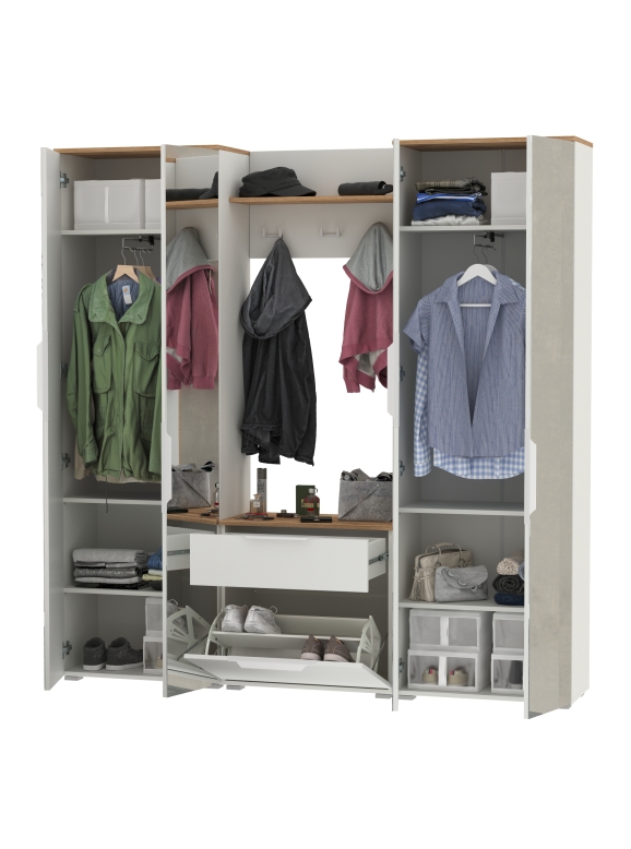 Октава Прихожая 25, цвет белый шагрень/дуб крафт золотой/фасады МДФ белый шагрень, ШхГхВ 193,7х35,4х197,6 см., универсальная сборка