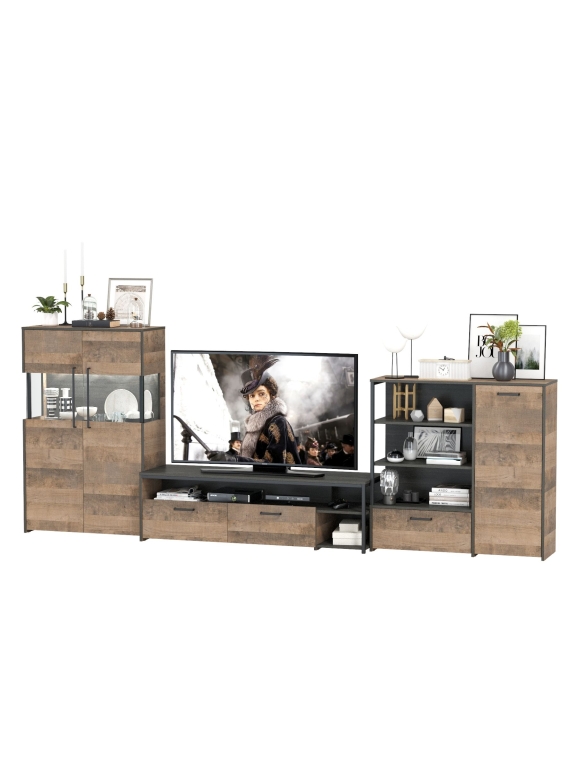 Трувор Гостиная 054, цвет дуб гранж песочный/интра, ШхГхВ 344,6х45,4х135,3 см., универсальная сборка