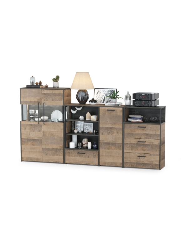 Трувор 13.307.01 Комод + 13.306 Комод с витриной + 13.307.02 Комод с ящиками, цвет дуб гранж песочный/интра, ШхГхВ 260,8х37х135,3 см., ун. сборка