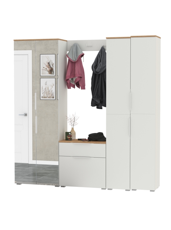 Октава Прихожая 30, цвет белый шагрень/дуб крафт золотой/фасады МДФ белый шагрень, ШхГхВ 193,7х35,4х197,6 см., универсальная сборка